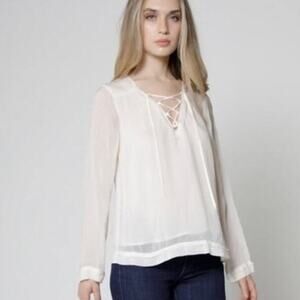 Maven West Lace Up Frayed Trim Long Sleeve Top Boho Blouse Off White Small